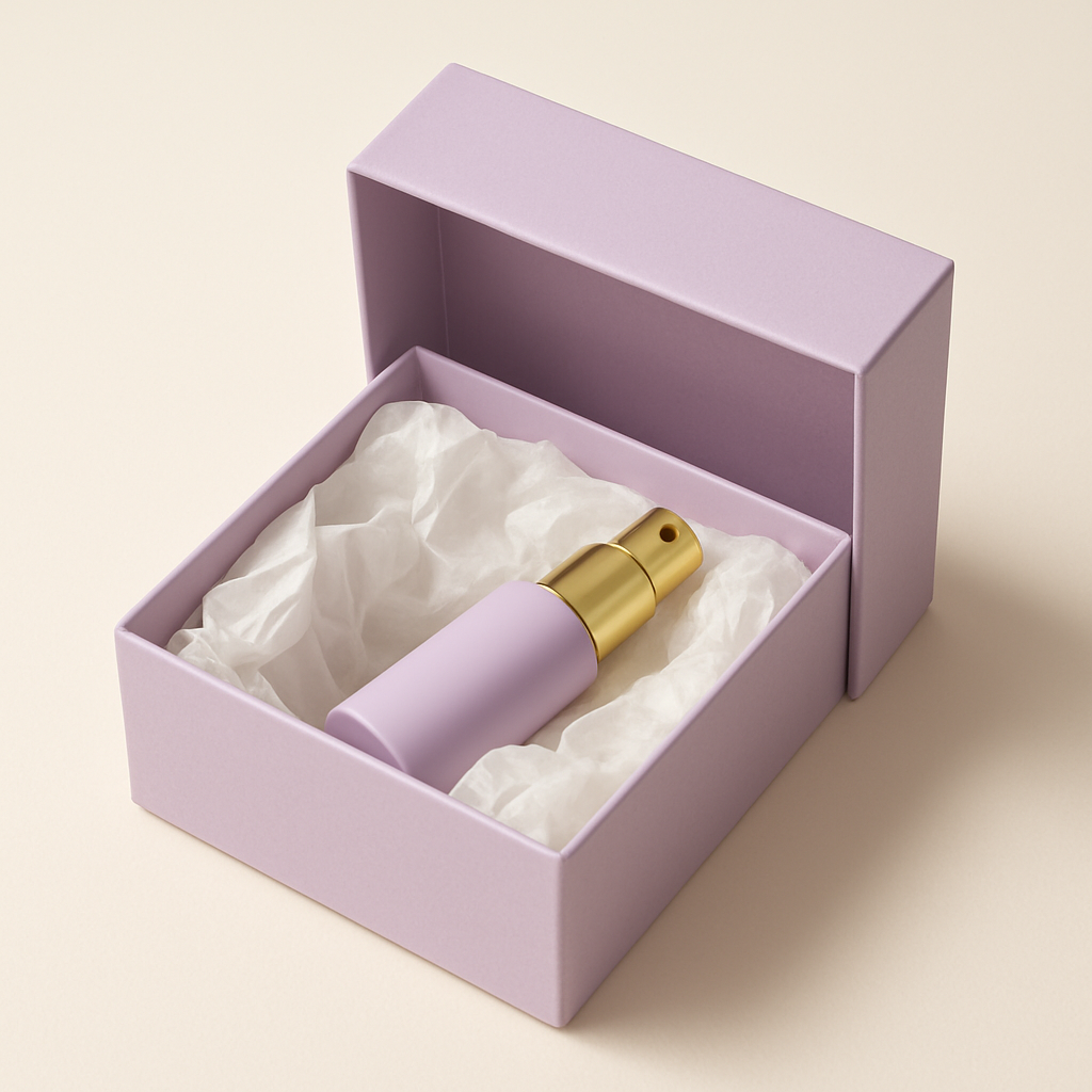 Open lilac subscription box with fragrance vial
