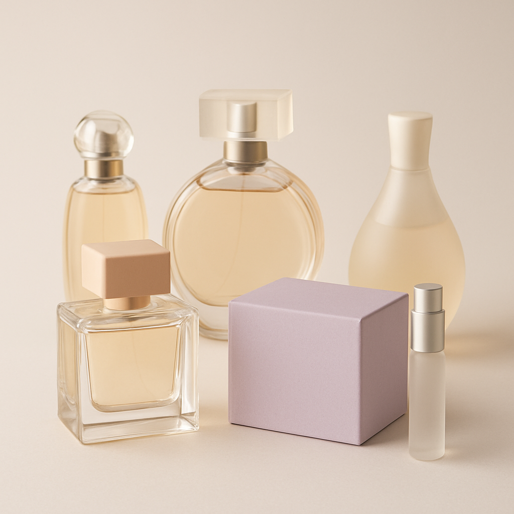 Assorted perfume bottles beside a lilac subscription box and travel atomizer